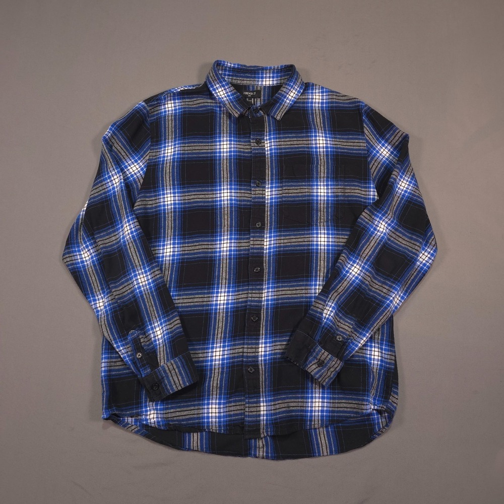 Forever 21 Men's M Blue Black Plaid Flannel Shirt 100% Cotton Long Sleeve